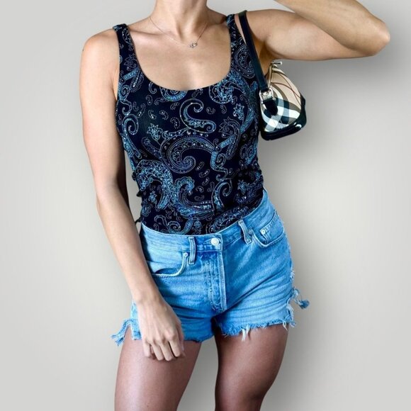 Vintage Sparkly Paisley Print Y2K Tank Top Womens Glam Whimsy Fairy Stretch Sz M - Picture 1 of 11